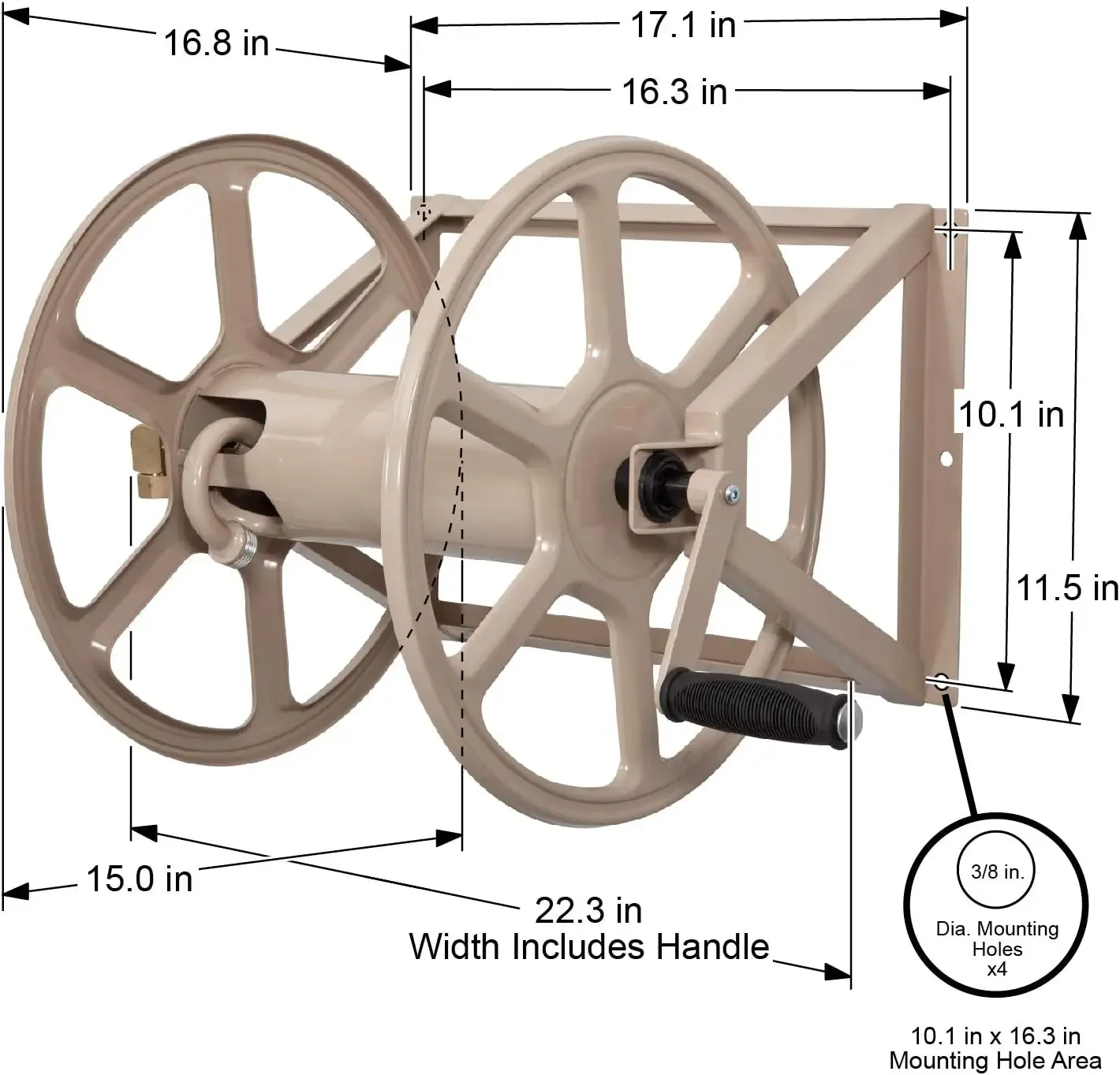 Carrete de manguera de acero 709 montado en pared/suelo, con capacidad para 200 pies de manguera de 5/8 pulgadas - Tan 17,6 x 22 x 15