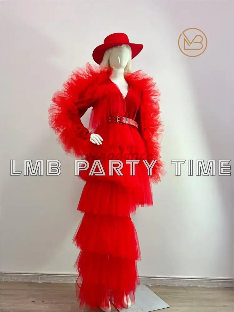 

Customized Big Red Show Night Club Singer Suit Set Photo Studio Photography Clothing