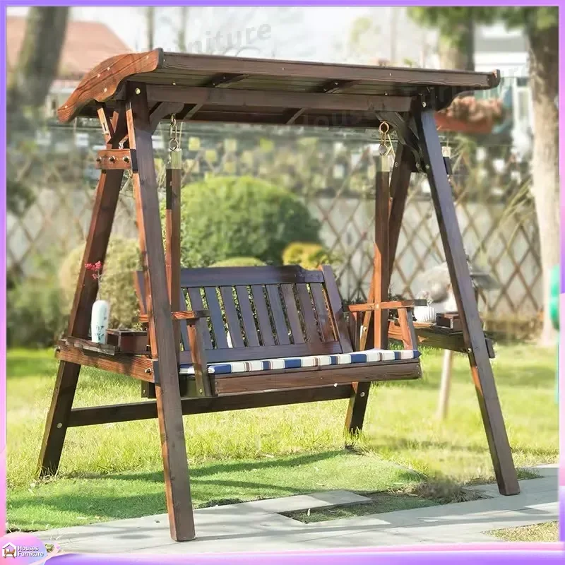 Outdoor Double Hammock Swing Chair Solid Wood Garden Terrace Hanging Seat Two Person Patio Furniture Backyard Relaxation