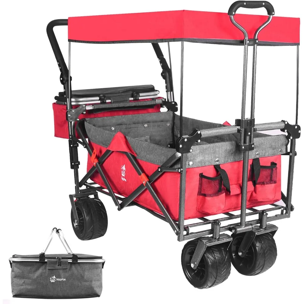 

Collapsible Wagon Heavy Duty Folding Wagon Cart with Removable Canopy, Brake, Adjustable Handles,Garden Carts
