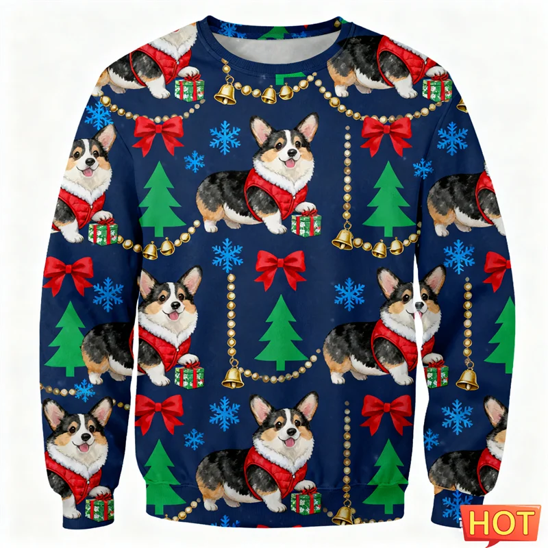 لطيف فصيل كورجي الرسم القبيح عيد الميلاد سترة للرجال العصرية عطلة ارتداء الكلب ثلاثية الأبعاد المطبوعة بلوزات عادية المتضخم البلوفرات القمم