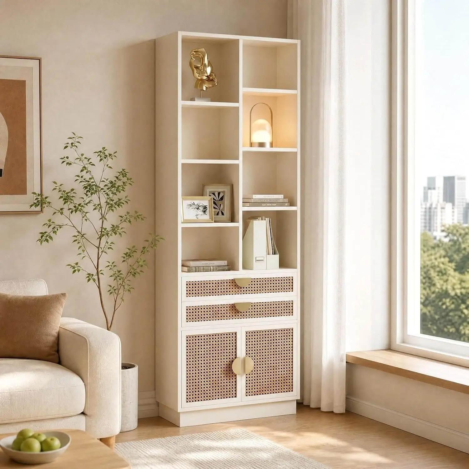 White Rattan Bookcase with 2 Drawers & Doors 8 Cubes Tall Wooden Bookshelf for Home Office Living Room Study, Customized