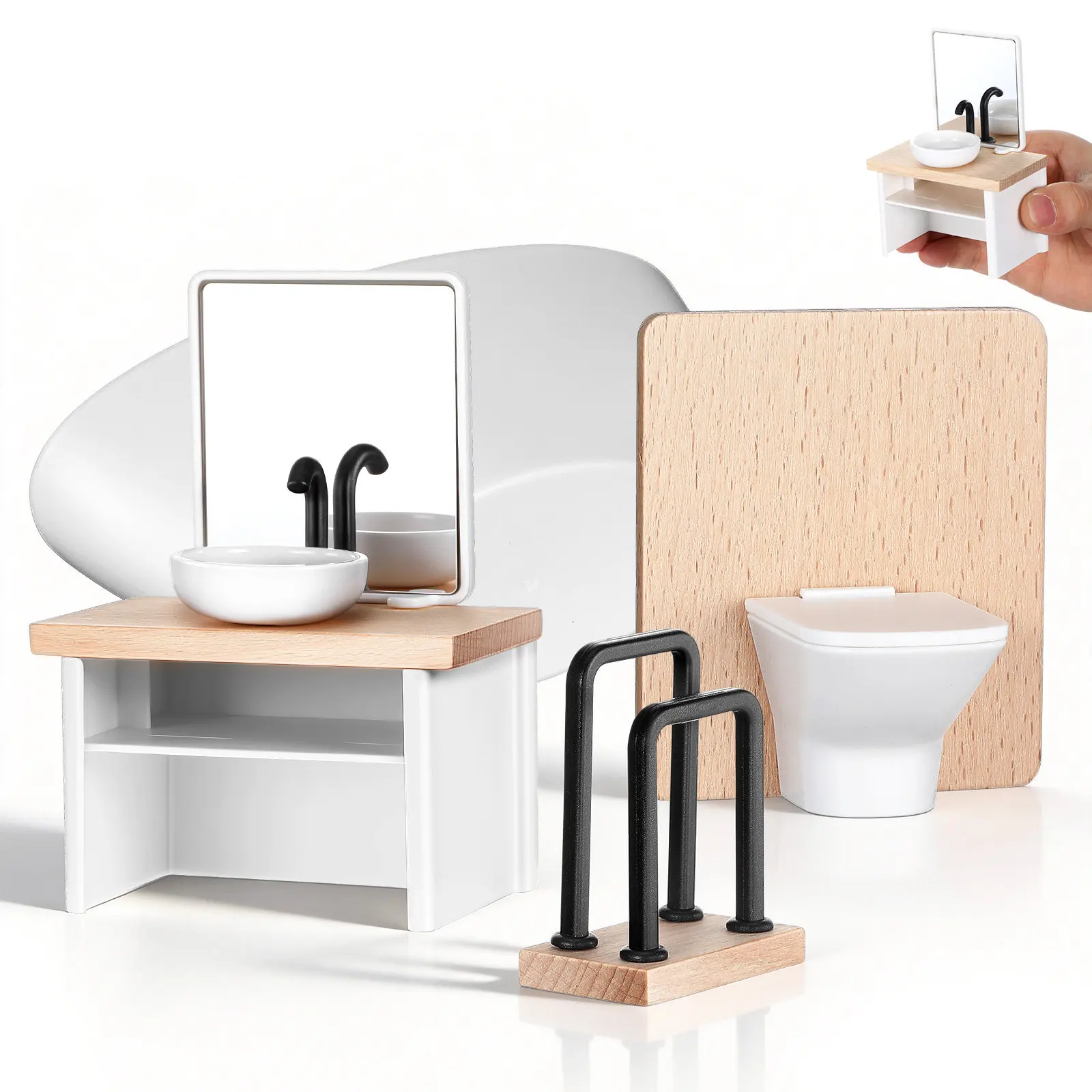 

Набор миниатюрной мебели для кукольного домика: раковина, шкафчики, аксессуары для ванной в масштабе 1:12, реалистичный комплект для ролевых игр