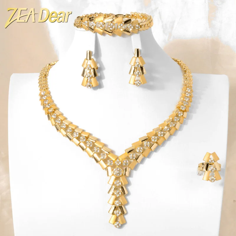 

Zeadear Bridal Jewelry Set Nigeria African Luxury Zirconia 18K Gold Plated Neckace Bracelet Earring Ring for Women Wedding Party