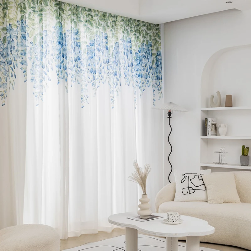 Pastoral Willow Leaf Printing Curtain Balcony Living Room Sheer Tulle Curtains For Bedroom Roor Window Transparent Voile Drapes