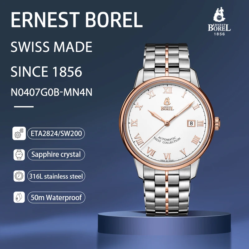 

ERNEST BOREL 40mm Automatic Mechanical 316L Precision Steel Watch Sapphire Waterproof for Men Roman Numerals N0407G0B-MN4N