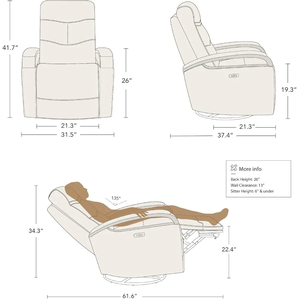 Living Room Chair with USB Ports, FSC Certified, Adjustable Headrest, Wooden Armrest, Leather Power Swivel Living Room Chair