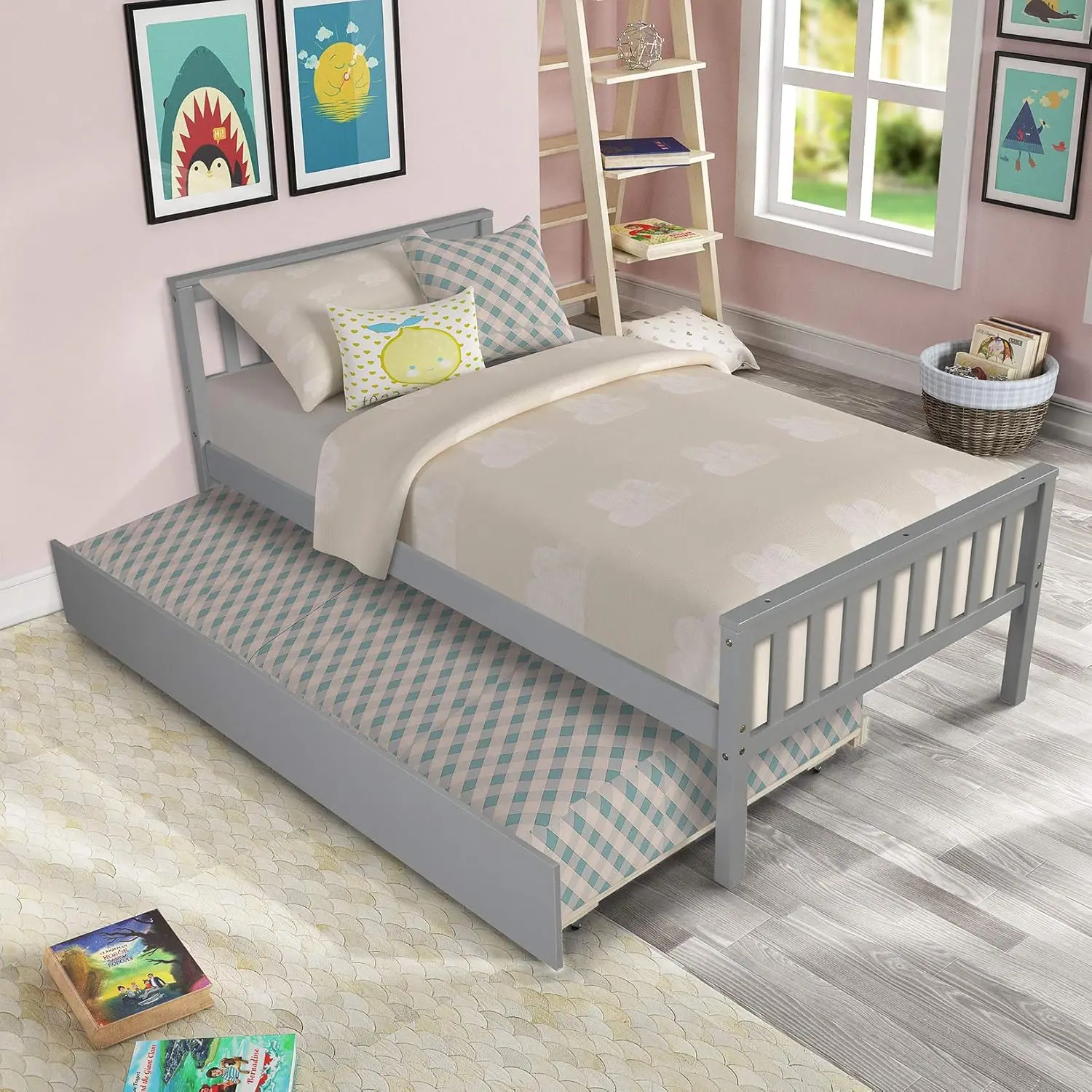 

Platform Bed with Trundle, Solid Wood Bed Frame with Headboard, Footboard for Teens Boys Girls,No Box Spring Needed (Grey)