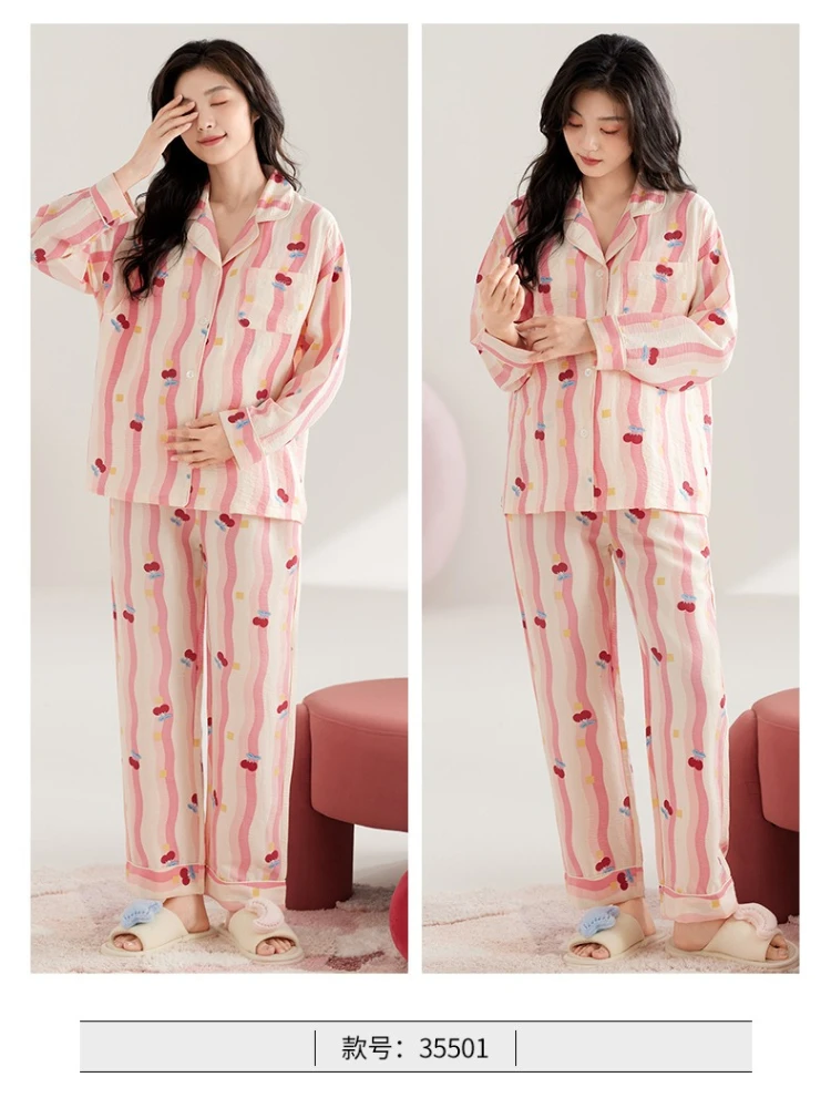 Cute Print Pajamas Sets Pregnant Women Side Open Bra Free Breastfeeding Sleepwear Long Sleeve Cardigan Trousers Home Clothes