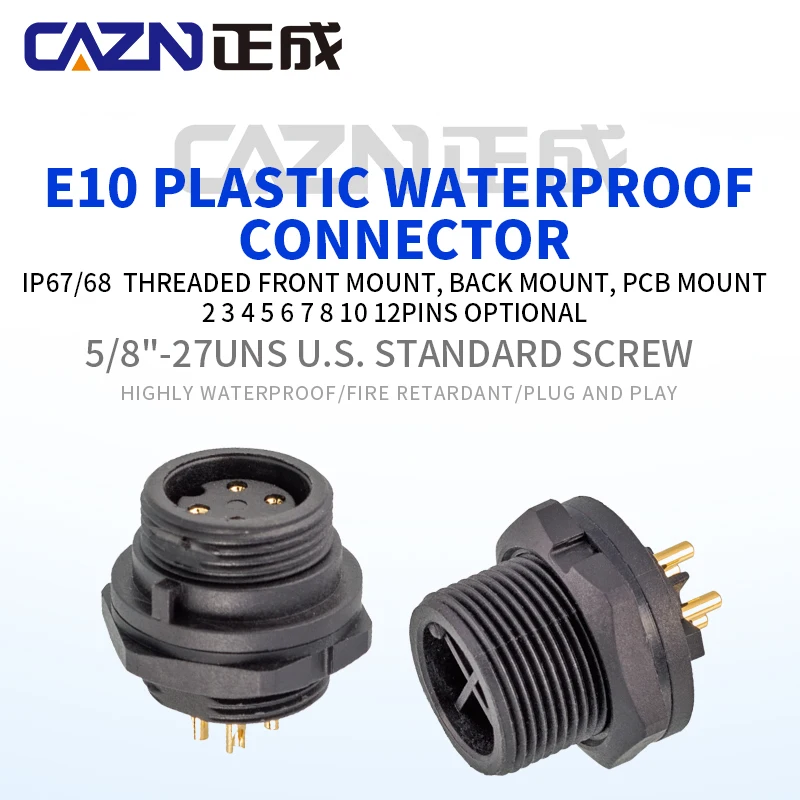 CAZN Waterproof IP67 IP68 E10 Male Female Front Back Mount Solder Receptacle Threaded PCB Screw Panel Mount Connectors