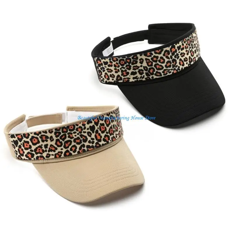 

E56A Foldable Visor Hat with Leopard Print Decals Woman Sun Hat Spring Empty Top Hat