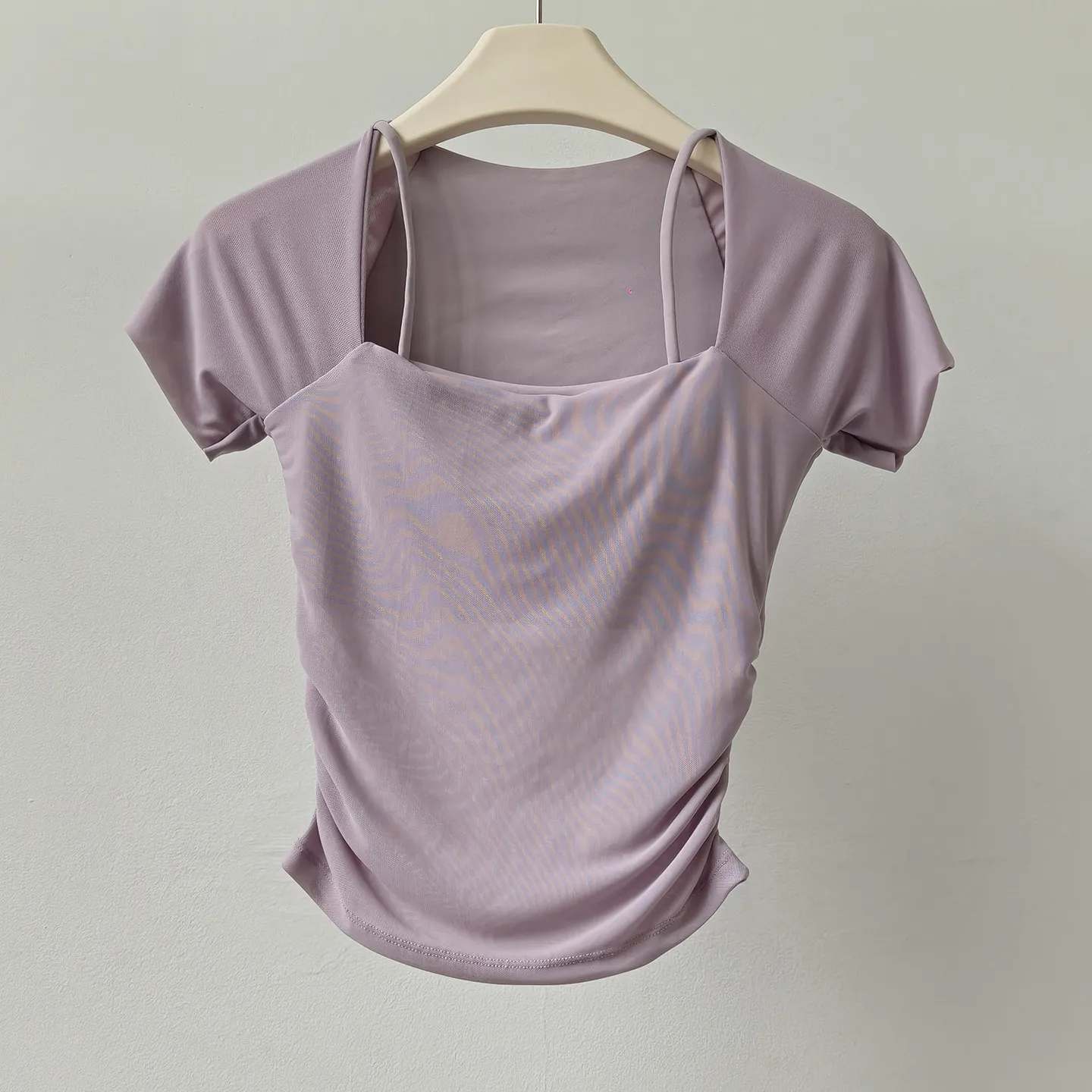 Yoga-Kleidung mit Brustpolstern, kurzärmelig, eckiger Kragen, eng anliegend, schnelltrocknend, Lauf-Sport-Oberteile, Fitness-Bekleidung, T-Shirts – Detail 4