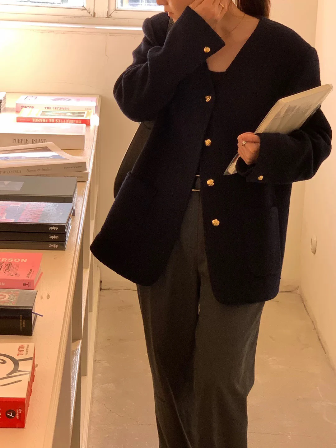 

Slimming Candy Miss Korean Style Lerbe Meina Qing Blue V-neck Golden Button Small Fragrance Wind Suit Jacket Commute Straight...