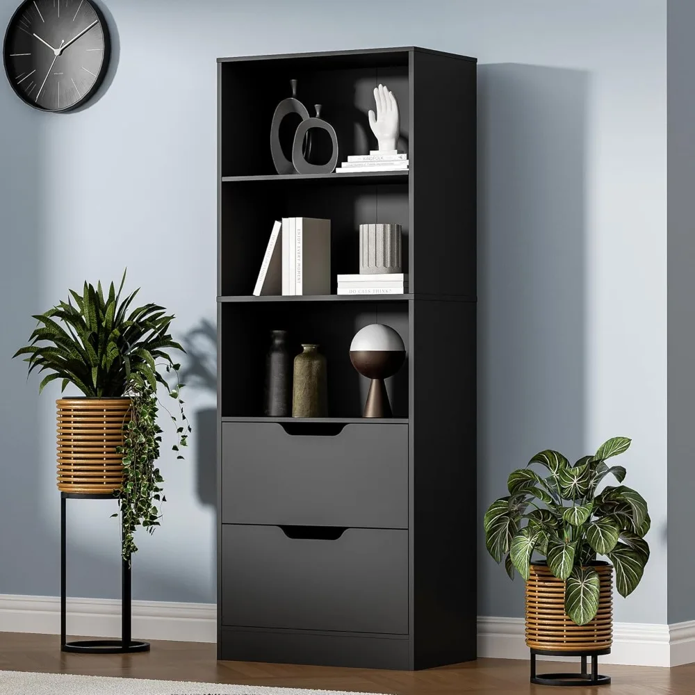 63-inch 3-Tier Adjustable Shelf Bookcase with Storage Drawers and Modern Open Shelving