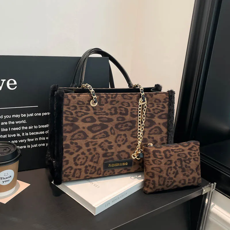 

2025 зимние новые модные леопардовые квадратные сумки на плечо из искусственной замши, большие вместительные индивидуальные цепочки, ретро сумки-тоут для женщин