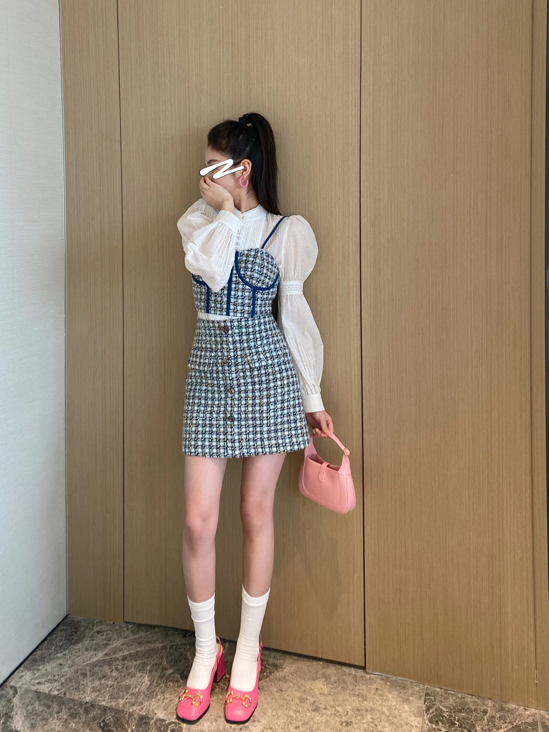 

NancyCavally Texture Special Silk Color Block Fishbone Line Division Spicy Girl Strapless Tube Top Women's Fashion Set Spring