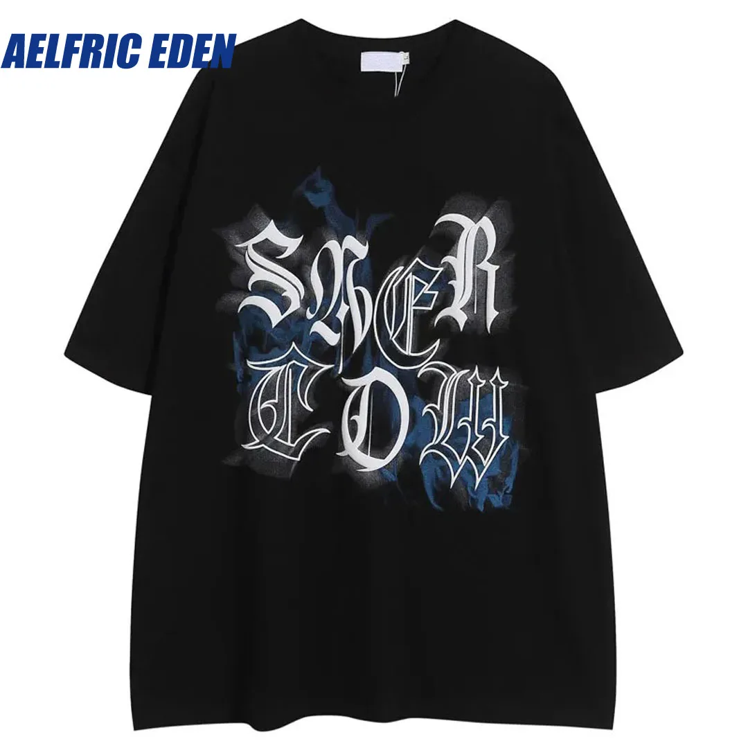 Aelfric Eden Men Oversized Tshirt Foam Letter Graphic Print T-Shirt Hip Hop Punk Gothic Loose Shirts Harajuku Casual Tops Tee