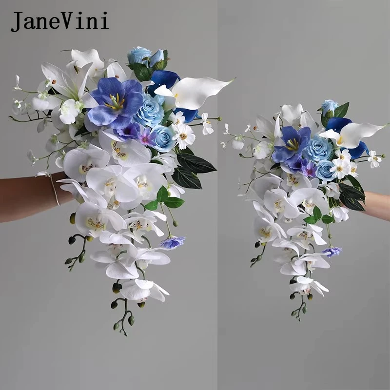 JaneVini Blue Flowers White Phalaenopsis Orchid Waterfall Bridal Bouquets For Wedding Cascading Bride Wedding Bouquet Mariage