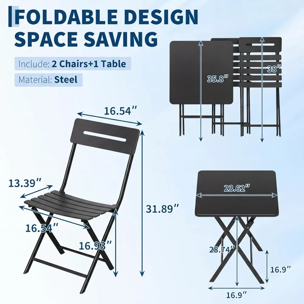 Steel Folding Bistro Set: Outdoor Patio Table and 2 Chairs, Square, Weather-Resistant for Balcony, Garden, Yard & Indoor