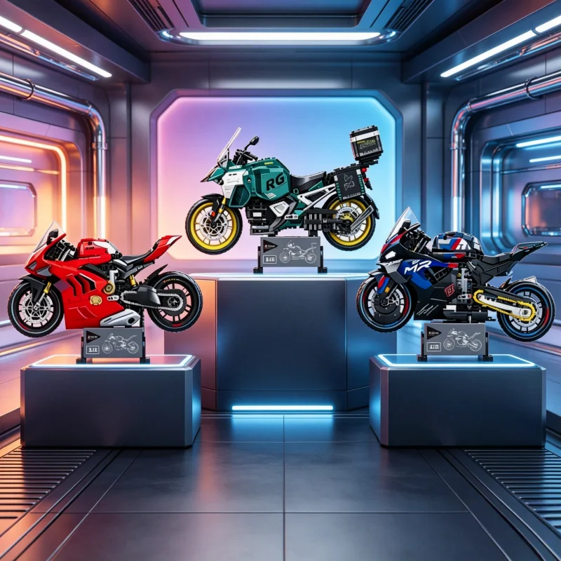 

1:8 Scale Motorcycle Building Blocks, 3 Styles Racing/Adventure/Sport Motorbike Model with Shock Absorbers, Perfect Gift for Boy
