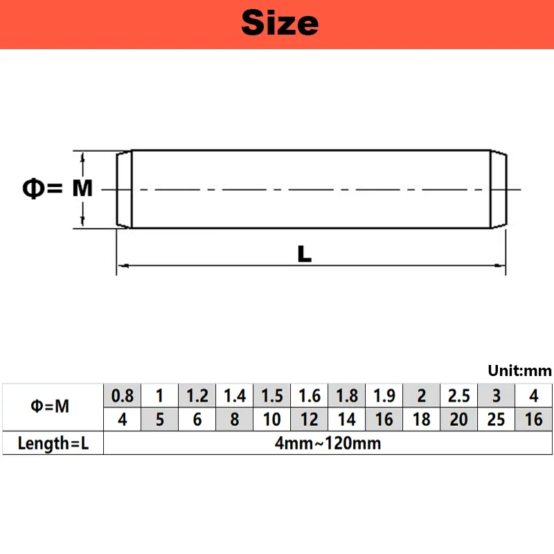 304 Stainless Steel Cylindrical Pin Locating Dowel Fixed Shaft Solid Rod GB119 Length 4~120mm M0.8 M1 M1.5 M2 M2.5 M3M4M5 M6~M25