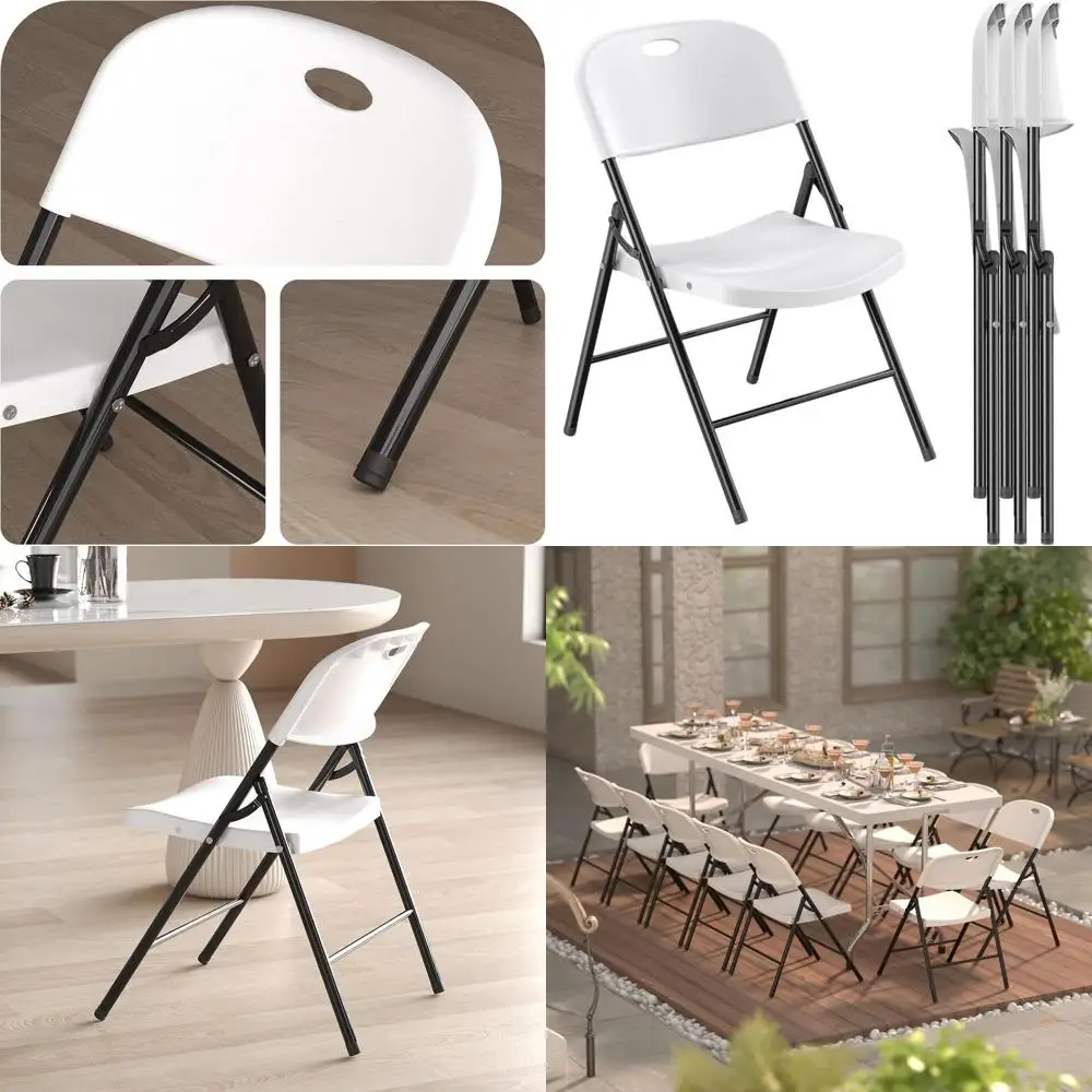 

Набор из 4 белых складных стульев из прочного пластика со стальным каркасом для использования в помещении и на улице
