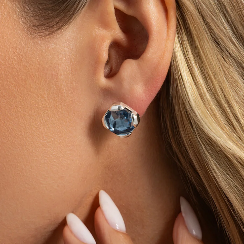 KunJoe Fashion Geometric Blue Rhinestone Studs Round Earring Women Punk Exquisite Irregular Piercing Ear Aesthetics Jewelry Gift
