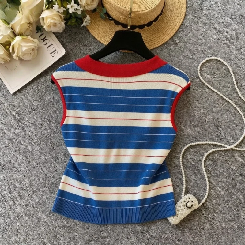 Women Red Collar Color Block Striped Knit Pullover Sleeveless Embroidery Decor Stretchy Slim Summer Preppy Knit Sweater Top view 2