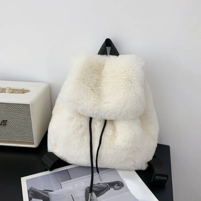 Sac à Dos Solide en Fausse Fourrure pour Femme et Fille, Fourre-Tout en Peluche de Grande Capacité, Cartable à Double Initiation, Mode Hiver