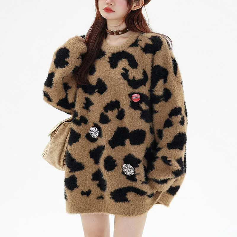 

Женские свитера с леопардовым принтом, вязаные пуловеры с длинным рукавом и круглым воротником, осень-зима, женский шикарный трикотаж, женские винтажные топы
