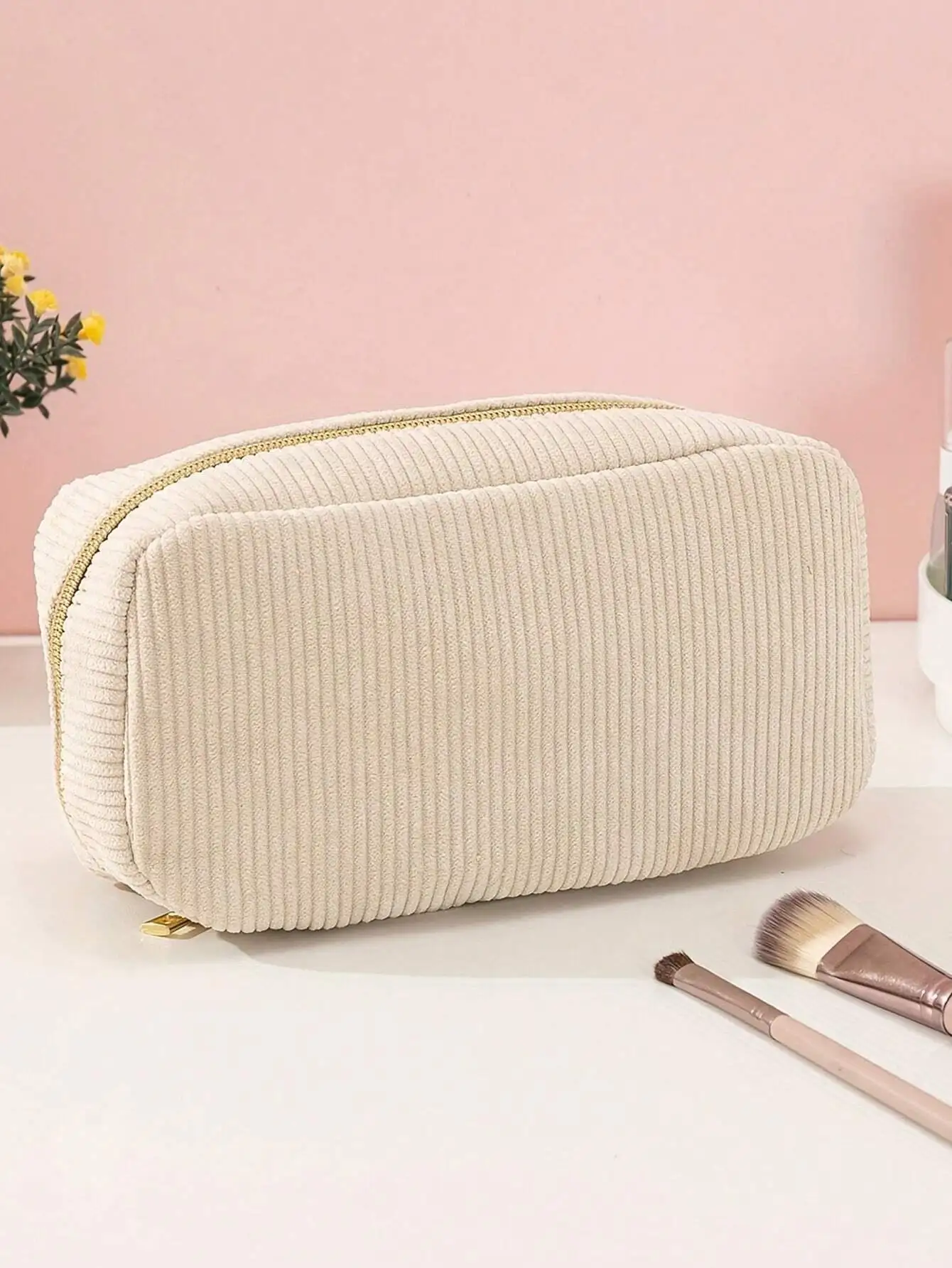 Fluffy Corduroy Beige Makeup Bag Girl Cosmetic Bag For Women Travel Organizer Makeup Storage Washing Bag Female