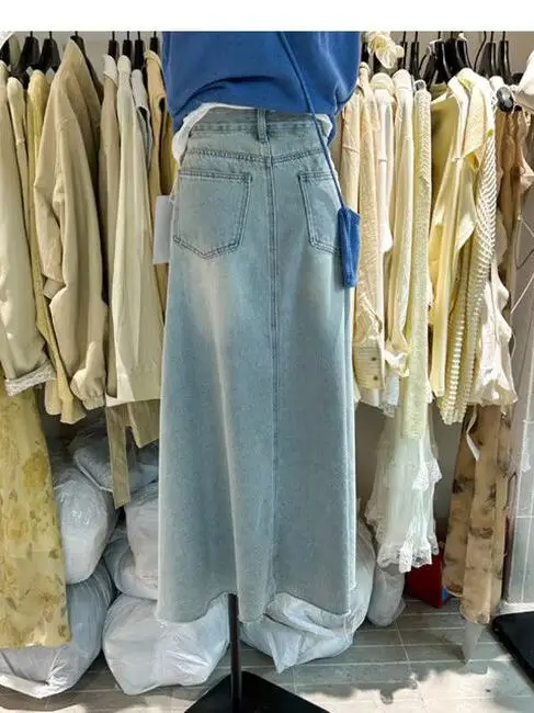 High Waist Loose Fit Denim Skirt Women's Summer New Style Retro Blue Jeans Mid-Length A-Line Skirt for plus Size Ladies