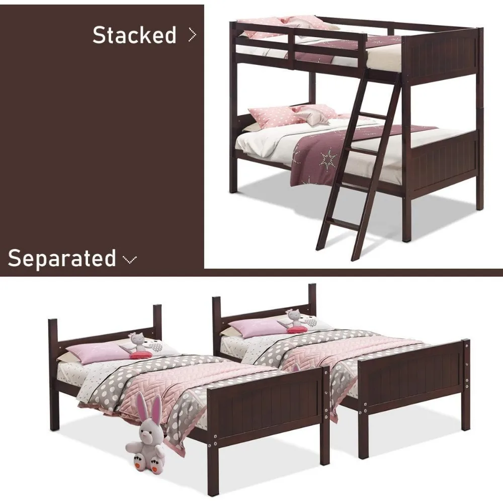 Twin Bunk Beds with Ladder and Safety Rail, Bunk Bed Convertible Into 2 Single Beds for Kid, Twin Over Sleeping Bed for Doritory