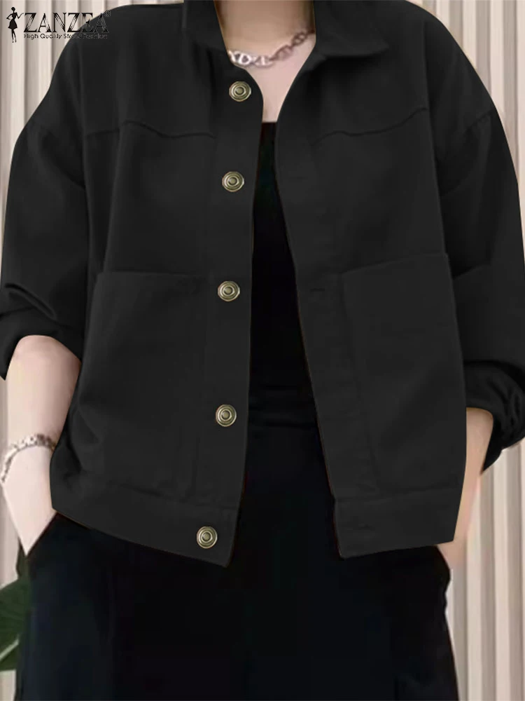 ZANZEA 2025 Stylish Lapel Neck Long Sleeve Outwear Women Autumn Jackets Solid Loose Thin Coats Chaqueta Casual Loose Cargo Tops
