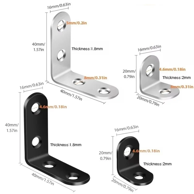 30/50pcs Black Stainless Steel L Brackets with Screw 90° Right Angle Corner Brace for Shelve,Wood Furniture,Chair,Drawer,Cabinet