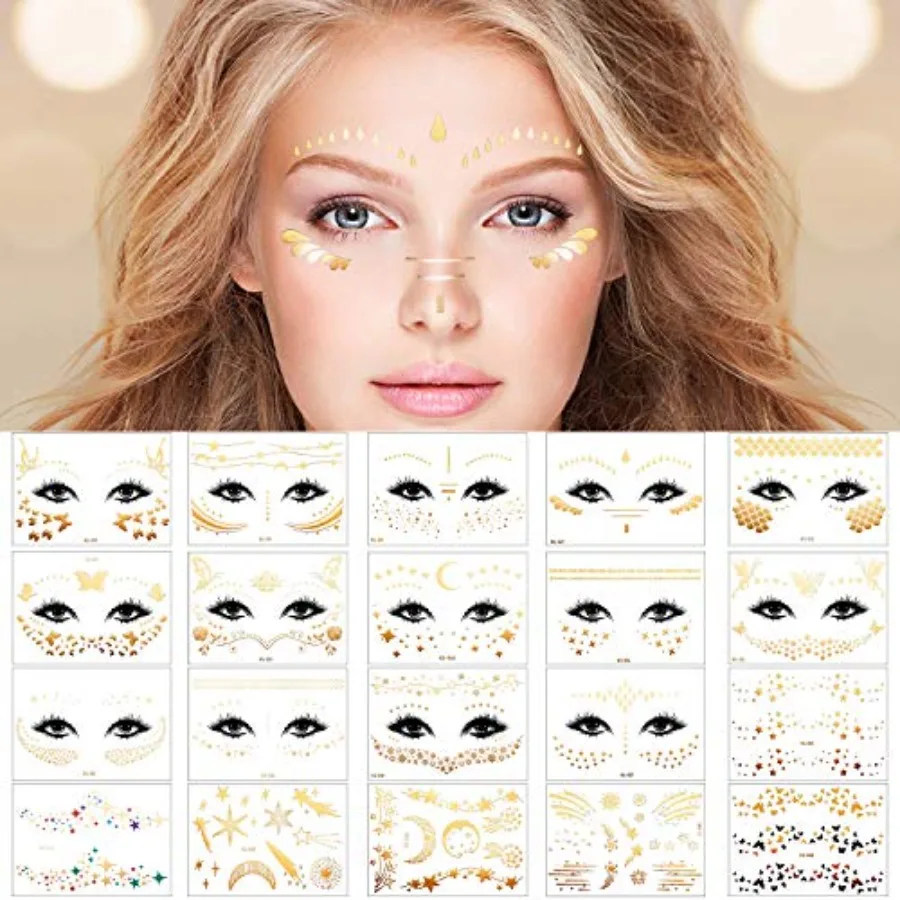 20 Sheets Gold Glitter Freckles Face Tattoo Sparkle Face Makeup Patches Metallic Tattoo Sticker Waterproof Temporary Body Tatto