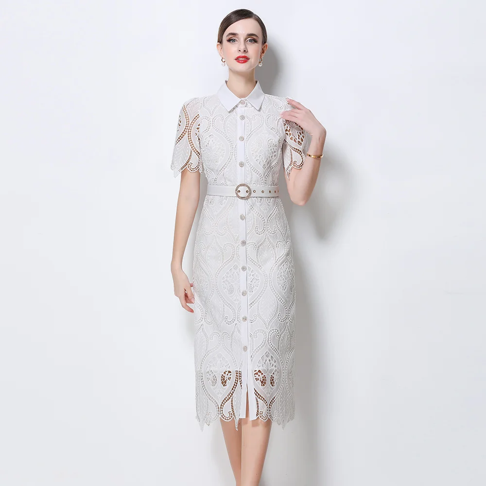 Elegant Embroidered Lace Slim Fit Long Dress Women's mid Waist H-Shape Summer Dress Button Closure Short Sleeve Midi Dress