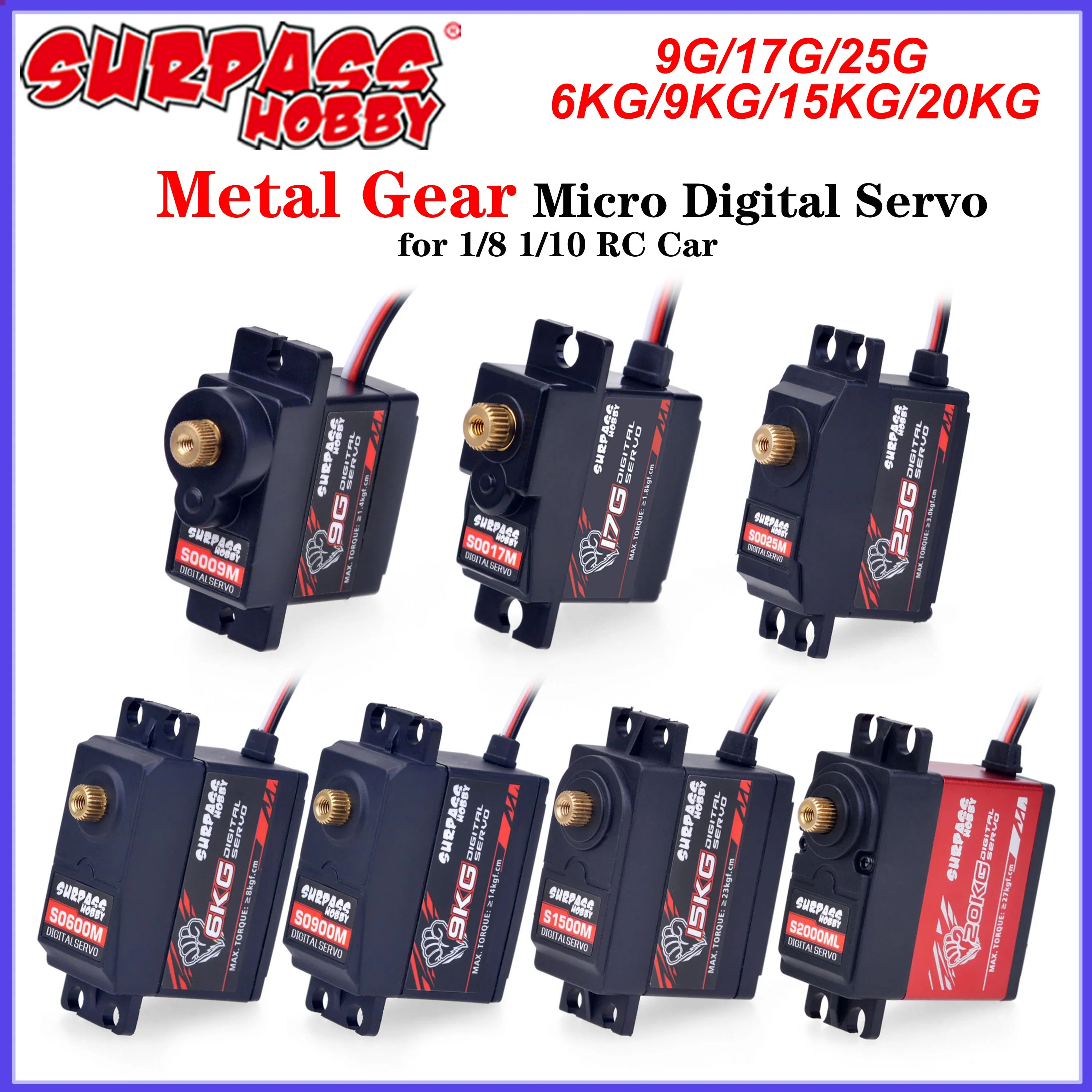 SURPASS Hobby Servo Digital 9G 17G 25G 6KG 9KG 15KG 20KG Mini Servos de engranaje de Metal para 1/8 1/10 RC coche planeador Robot avión