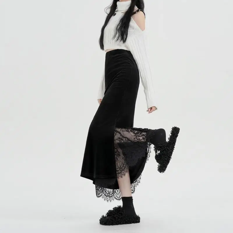 

Готические юбки Готическая темная уличная одежда Сексуальные юбки Женские кружевные утягивающие юбки с высокой талией Однотонная юбка с разрезом Хип-хоп Черный Осень Зима TS530