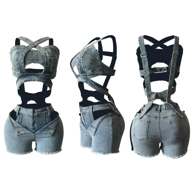

Two Piece Sets Women Denim Shorts Suit Sexy Vest Top Strap Backless Jeans Short Pants Pockets Outfits 2025 Streetwear Ensemble