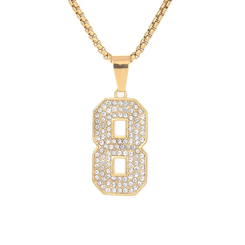 Hip Hop Rhinestone Paved Bling Iced Out Stainless Steel Number 24 8 Pendant Necklace for Men Jewelry Drop Shipping