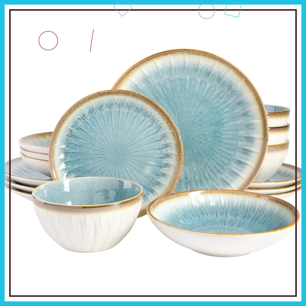 

Набор посуды из 16 предметов с рельефным узором, сервиз на 4 персоны – синие тарелки и миски из керамогранита