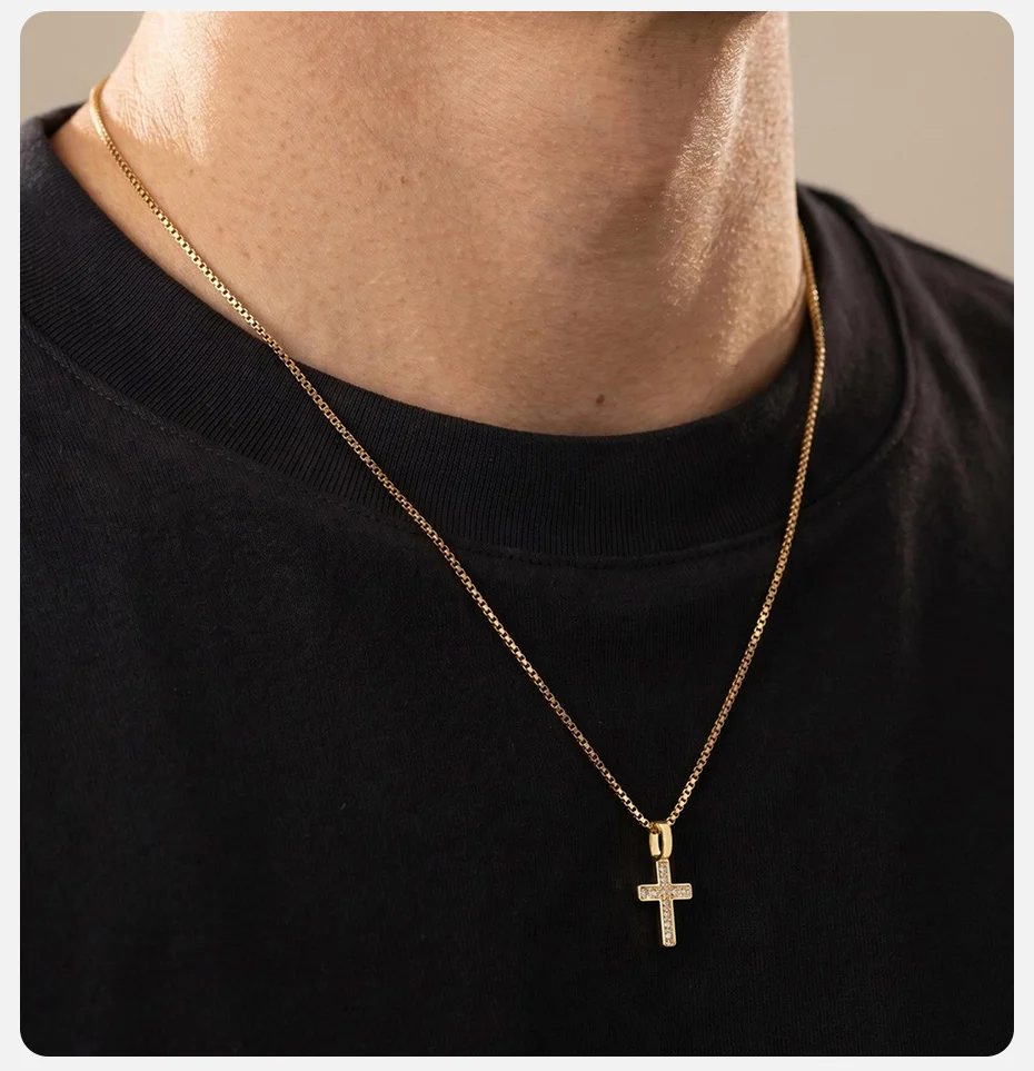 Vnox Herren-Kreuzkette, Gold-Silber-Plattierter Zirkon-Kupfer-Kreuzanhänger, Edelstahl-Kastenkette, Glaubensschmuck Geschenk für Ihn – Detail 3