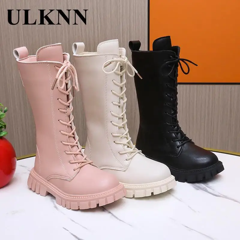 Girl Boats Students Beige Warm Pink Boots Tall Canister Shoes Children Fashion Flat Boots Size 27 To 37 Black Plush Shoes Winter