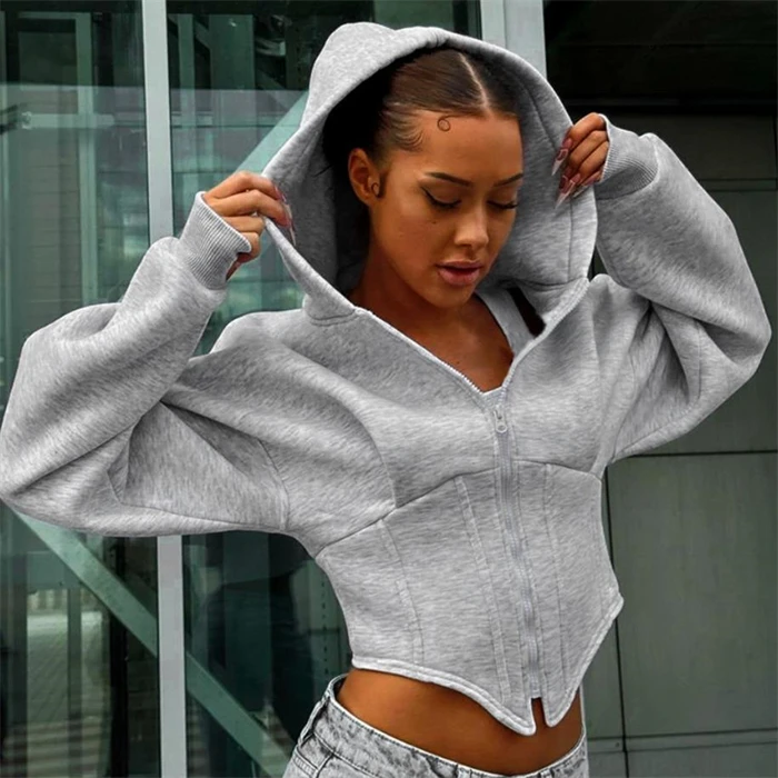 Elegancka długa bluza z kapturem i zamkiem błyskawicznym, krótka kurtka damska, dopasowany krój, odzież wierzchnia z kapturem i zamkiem, styl casual, moda uliczna.