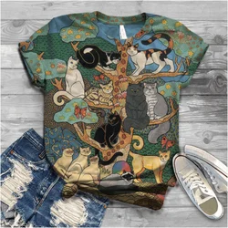 Vintage Women's T Shirt Cartoon Kitten Harajuku Clothes 2023 Casual Short Sleeve Tees Summer Female Pullover Loose Streetwear