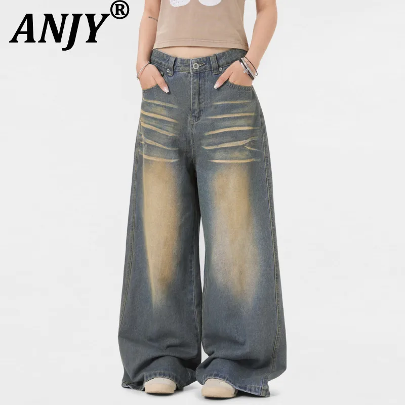 

ANJY весна осень новые женские джинсы в стиле панк в американском стиле винтажные свободные широкие брюки повседневные прямые джинсовые брюки A11577