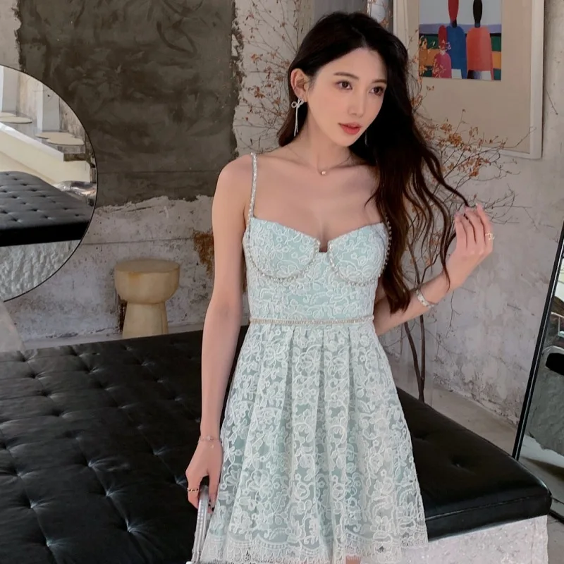 Green Sweet Diamond Decorations Strap Lace Dress for Women 2024 Summer New Sexy Sleeveless A- Line Short Dress Belt