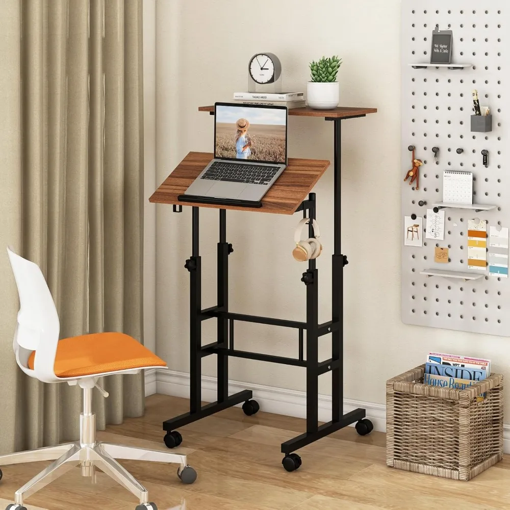 Height-Adjustable Laptop Podium Cart with Tilting Tabletop & Adjustable Angle,with 2 Hanging Hooks & Lockable Casters for Office