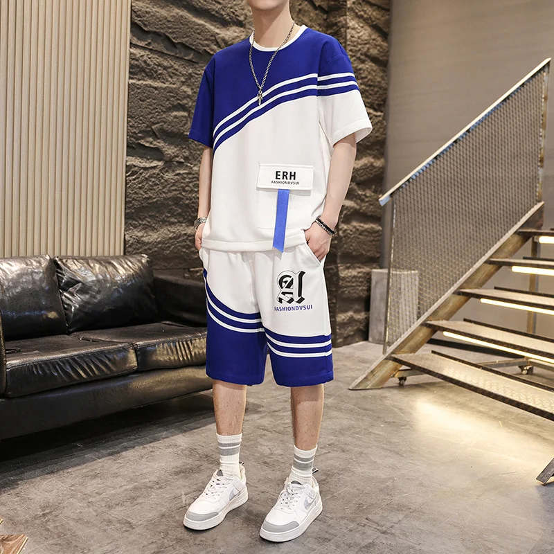 

Summer Fashion Men's Short Sets Casual Sportswear Two-Piece T-Shirts And s Loose Sleeve Top Tee&Knee-Length Pant Suit